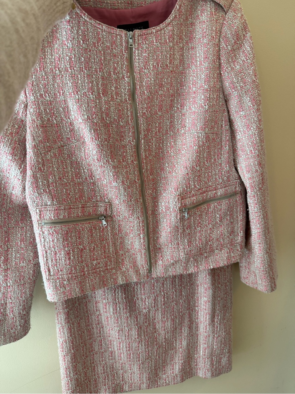 Talbots Pink Tweed Moto Blazer & Pencil Skirt Suit size 10 8